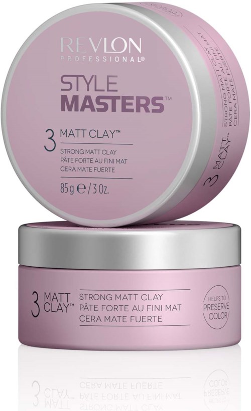 Runde Behälter mit Revlon Style Masters Matt Clay, Nummer 3, pink mit silbernen Deckeln, für starken matten Haarstil.