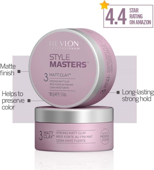 Das Bild zeigt einen rosa und silbernen Behälter von Revlon Style Masters starkem mattem Tonzeug.