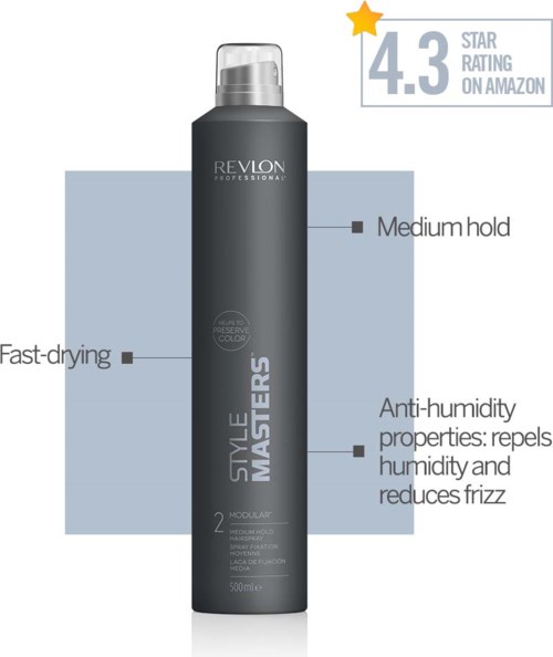 Eine schwarze Revlon Style Masters Sprühflasche mit Etiketten, die mittelharte Haltbarkeit, schnelles Trocknen und Anti-Feuchtigkeits-Eigenschaften anzeigen.