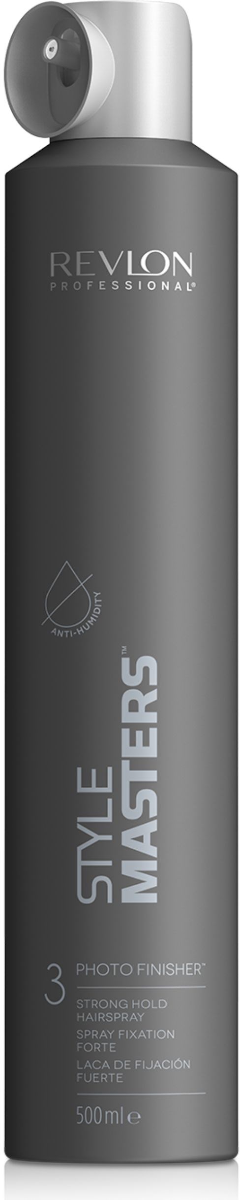 Eine schwarz-weiße Spraydose mit Revlon Style Masters, mit Sprühkopf oben.
