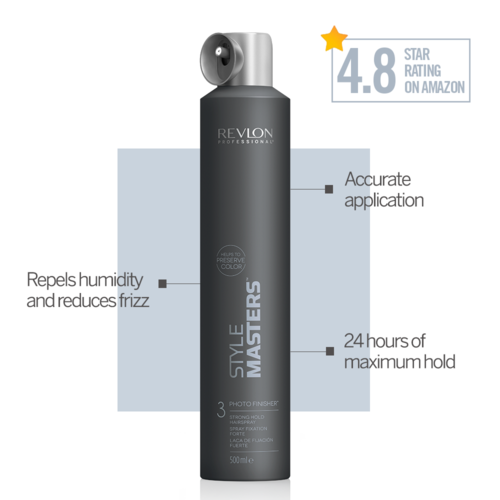 Schwarze Revlon Haarspray-Flasche mit lang anhaltender Haltbarkeit, Feuchtigkeitsbeständigkeit und präziser Anwendung, bewertet mit 4,8 Sternen.