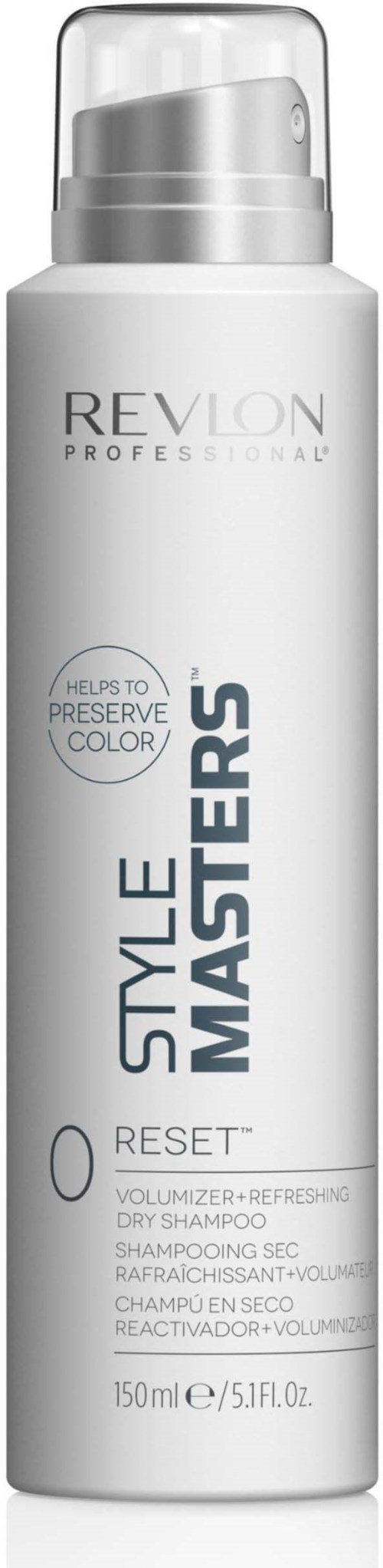 Eine lange, weiße Sprühflasche mit Revlon-Etiketten, die Style Masters und Reset sagen. Es ist ein volumengebendes und erfrischendes Shampoo.