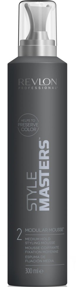 Eine lange, dunkelgraue Flasche mit klarem Deckel, Beschriftung 'Revlon Style Masters' Haarmousse.