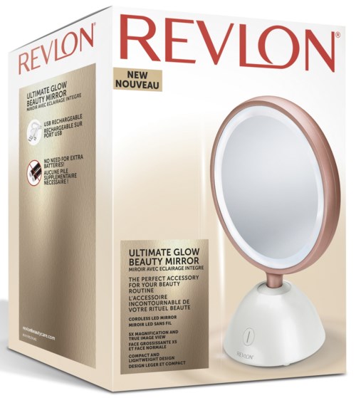 Een doos voor Revlon make-up spiegel met tekst en afbeelding van de spiegel aan de voorkant.