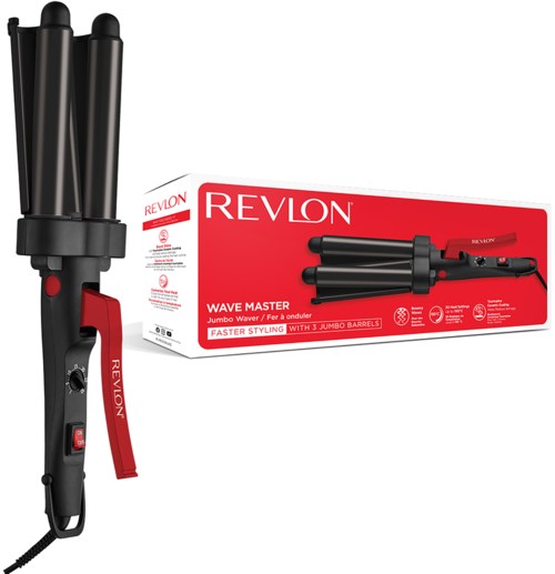 De afbeelding toont een Revlon Wave Master krultang met drie buizen en de doos in rood en wit.