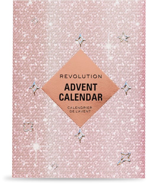 Roze sprankelende achtergrond met een diamantvormig label dat zegt 'Revolution Advent Calendar' in zwarte en oranje tekst.