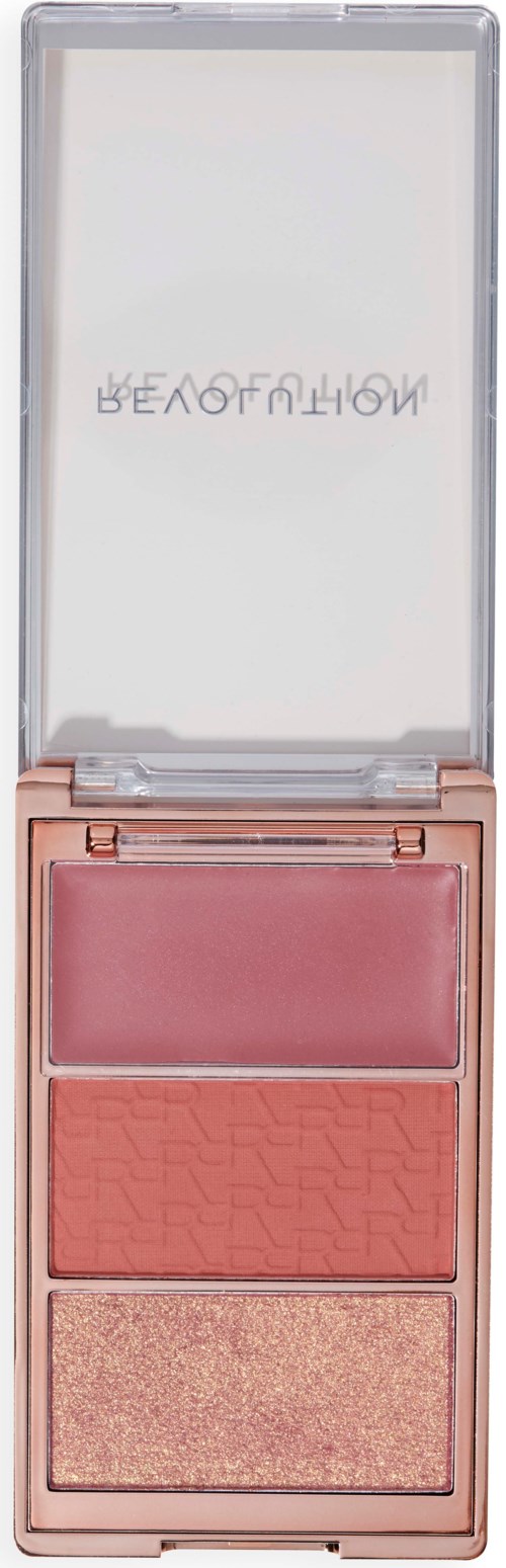Dit is een make-up palette met drie verschillende blush- en highlighterkleuren, in een perzikkleurige behuizing met spiegel.