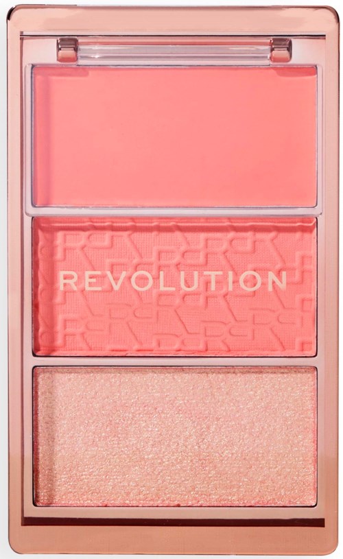 A pink compact with three blush sections, one textured with 'REVOLUTION' written on it and smooth shades.