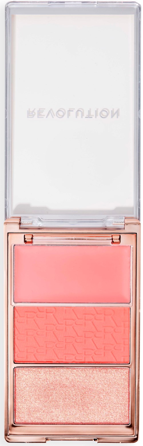 A compact blush palette with three shades, housed in a rose gold case with a mirror inside the lid.