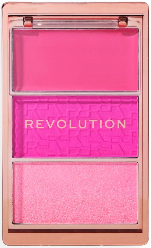 Een roze make-up palette met drie tinten roze: fel, levendig en licht, gelabeld 'REVOLUTION'.