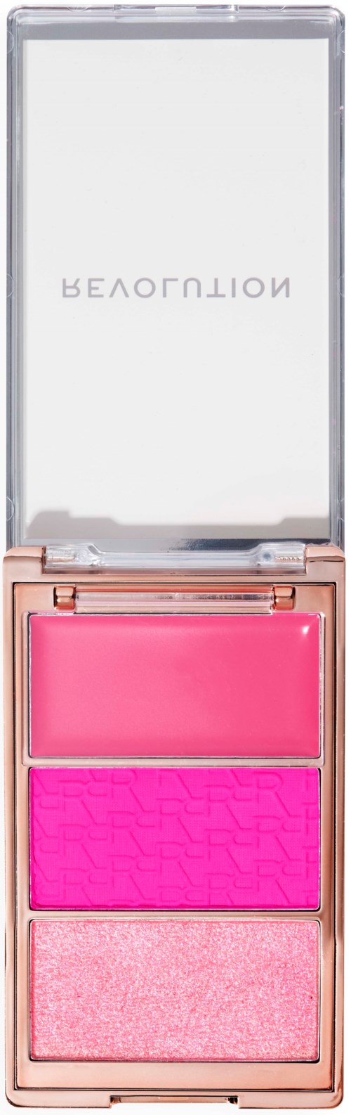 Een make-up palette met drie roze tinten en een spiegel in een roze doos.