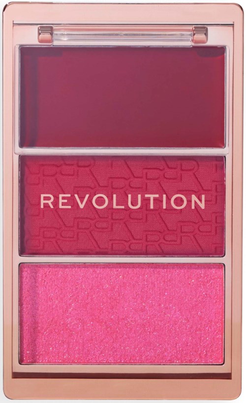 A makeup palette with three shades of pink and the word "REVOLUTION" in the center.