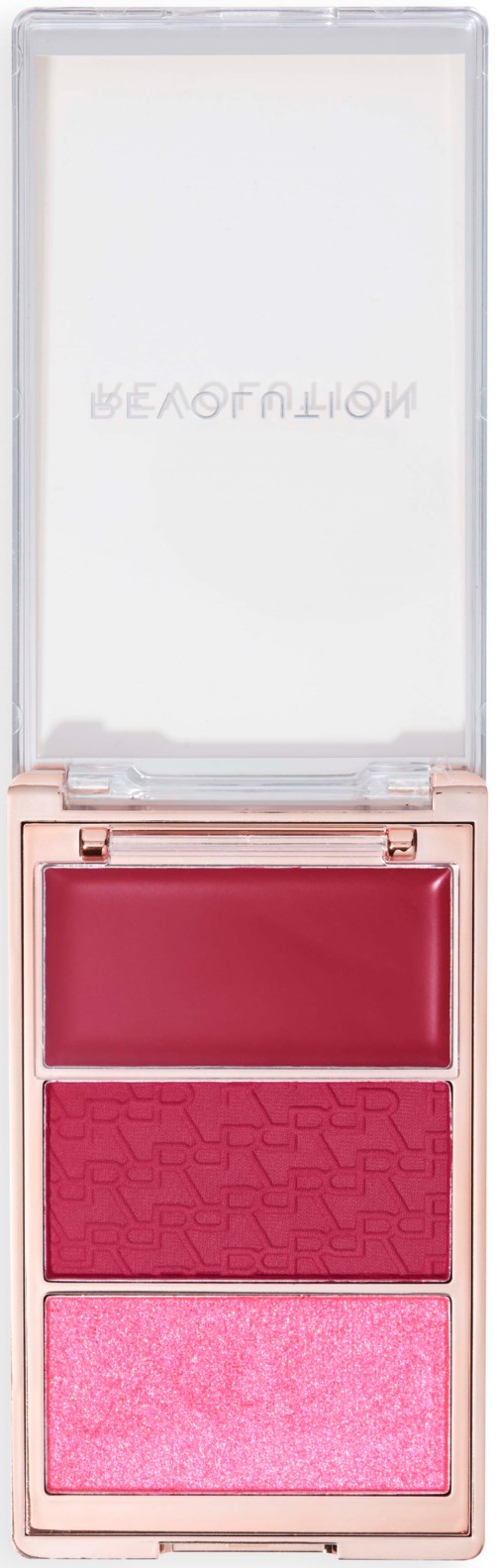 A pink makeup palette with three shades of pink: light, medium, and dark, inside a clear case. The top part is a mirror.