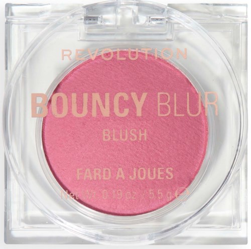 Pink blush powder in clear container with pink and beige text, including brand name and product description.