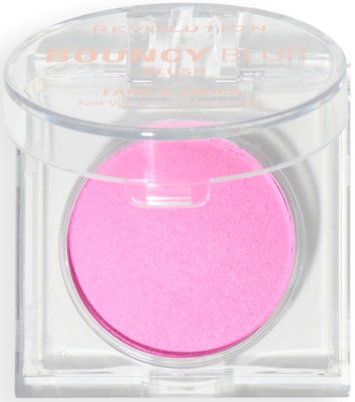 Roze blush in een doorzichtige ronde container met een doorzichtig deksel.