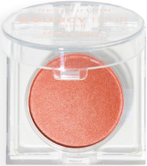 A blush compact with coral-colored makeup in a clear plastic case, with a transparent lid.