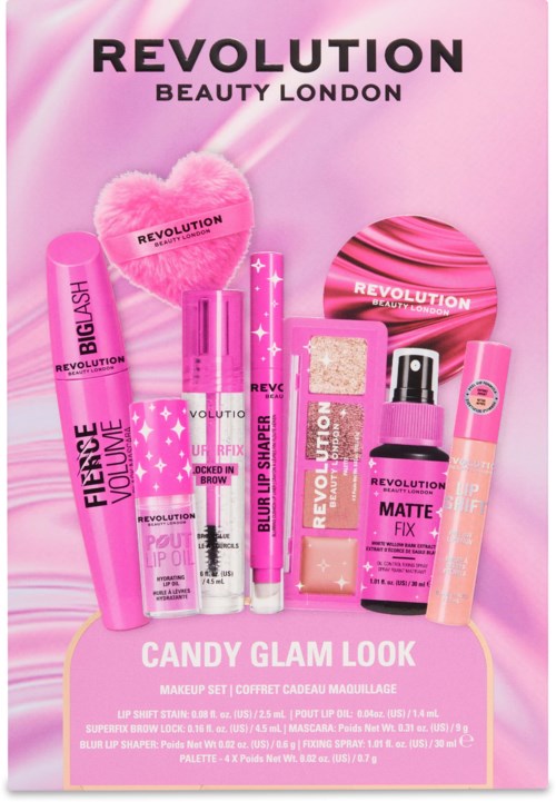 Reklameplakat for Revolution Beauty London med rosa sminkeprodukter og tilbehør for en candy glam look.