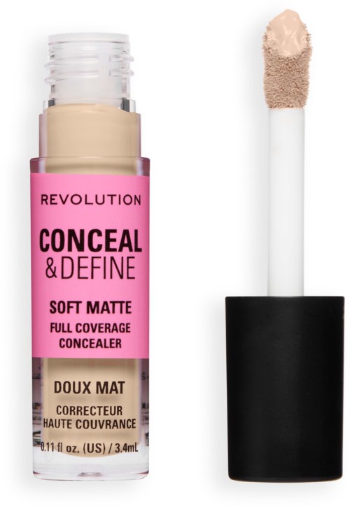 Vaaleanpunainen peiteaine, jossa musta korkki ja teksti Revolution Conceal & Define Soft Matte, täytevä peite.