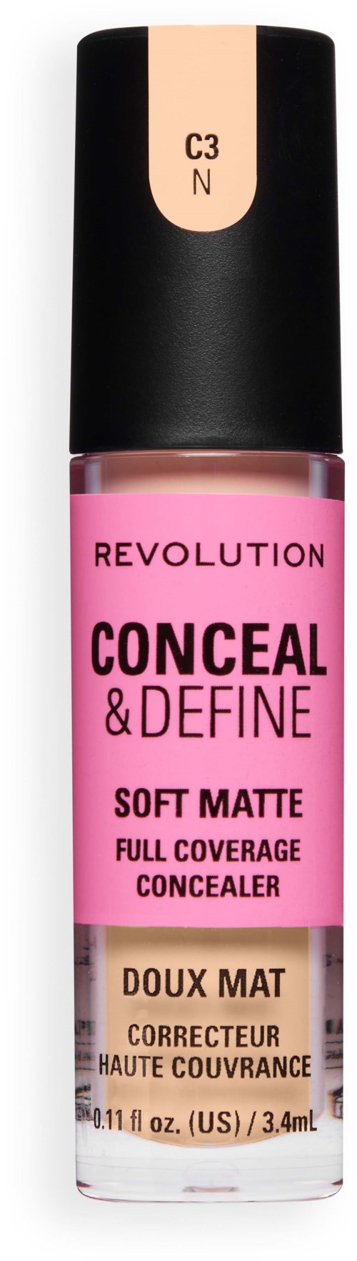 Vaaleanpunainen peitevoidepullo mustalla korkilla, merkinnällä Revolution Conceal & Define Soft Matte Full Coverage.