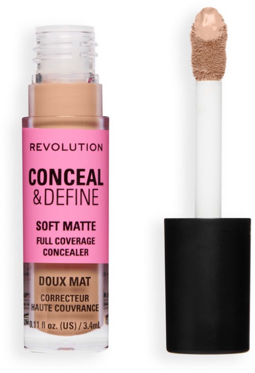 Revolution Conceal & Define Soft Matte peittävä korostusvoide tulpalla. Pinkki ja musta pakkaus, sisältää tuotteen nimen ja tiedot.
