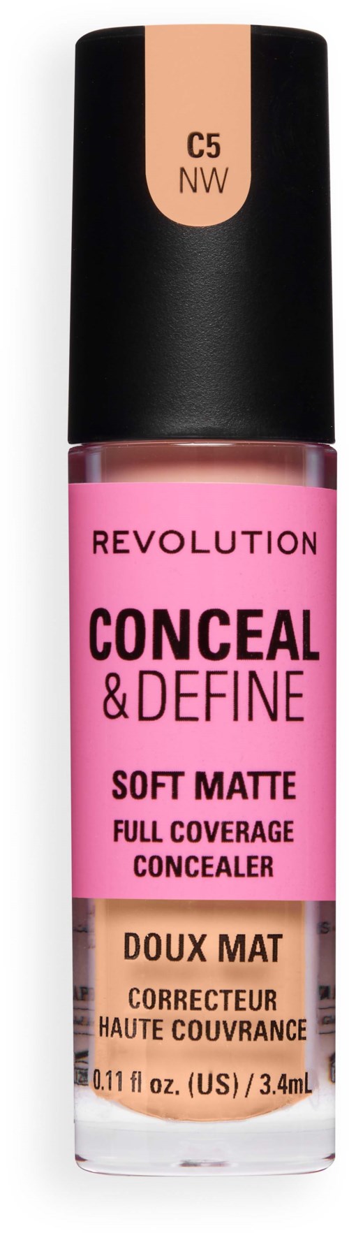 Vaaleanpunainen nestemäinen peiteaine pienessä tynnyrissä mustalla kannella, merkiltä RevolutioN Conceal & Define Soft Matte.