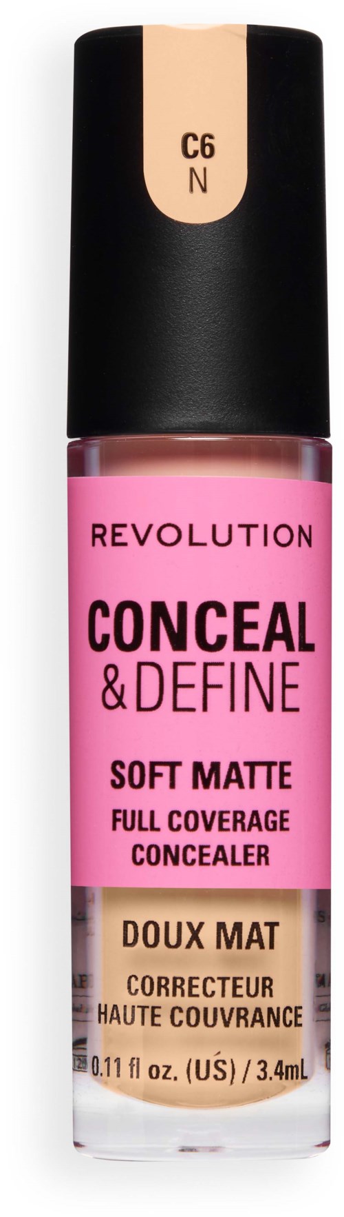 Pinkki pullo Revolution Conceal & Define Soft Matte full- peiteväri with beige and black cap.