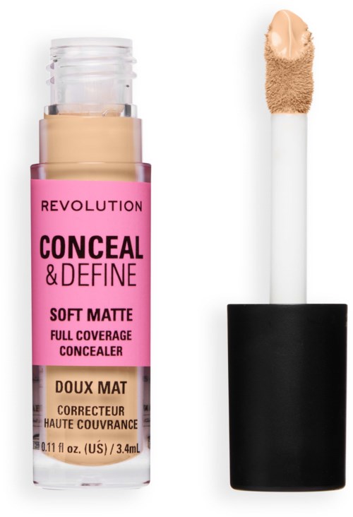 peite, joka on vaaleanpunaisessa pullossa, merkinnällä Revolution Conceal & Define Soft Matte, ja sivellin vieressä.