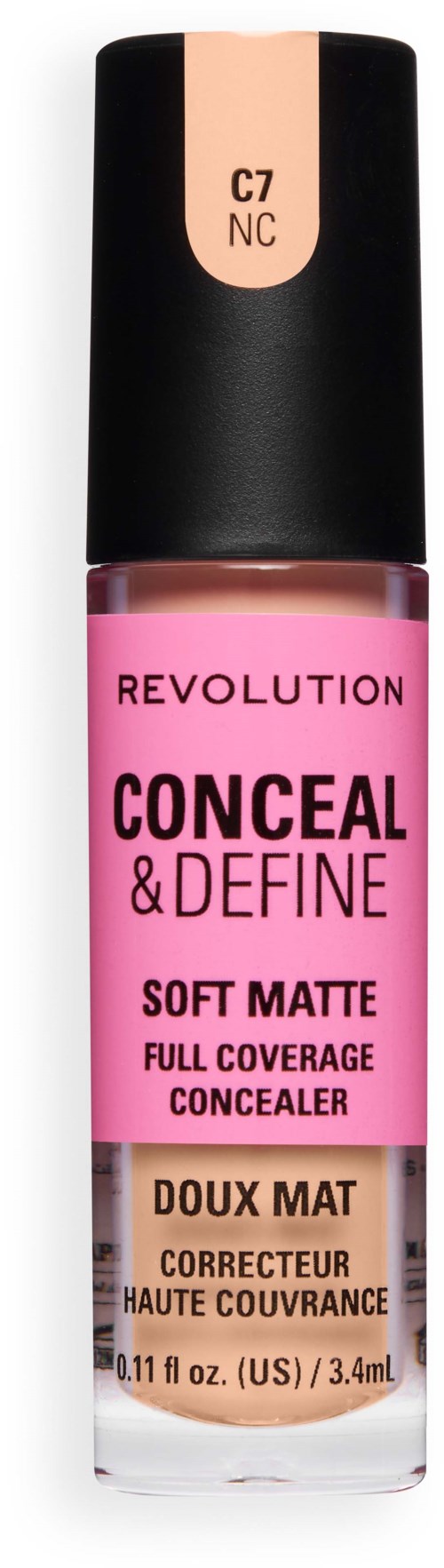 Ruusukullan värinen Revolution Conceal and Define pehmeä matta, täydellinen peitevoide, kannen värinä beige.
