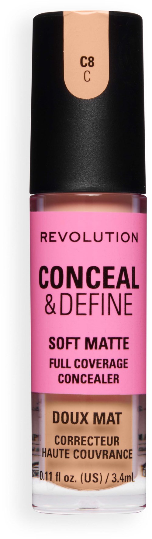 Peiteainepullo pinkillä etikettillä, jossa lukee Revolution Conceal & Define Soft Matte täytekestävä peitevoide, musta korkki.