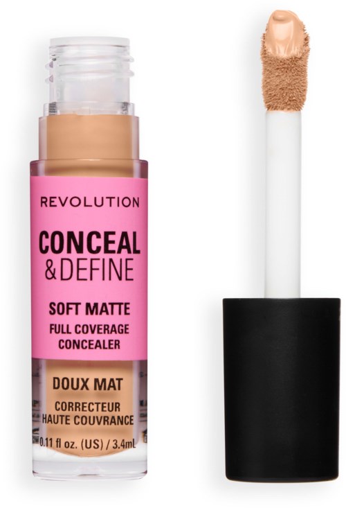 Peitepuikko, pinkki ja beige pakkaus, merkintä Revolution Conceal & Define Soft Matte, täysi peittävyys.