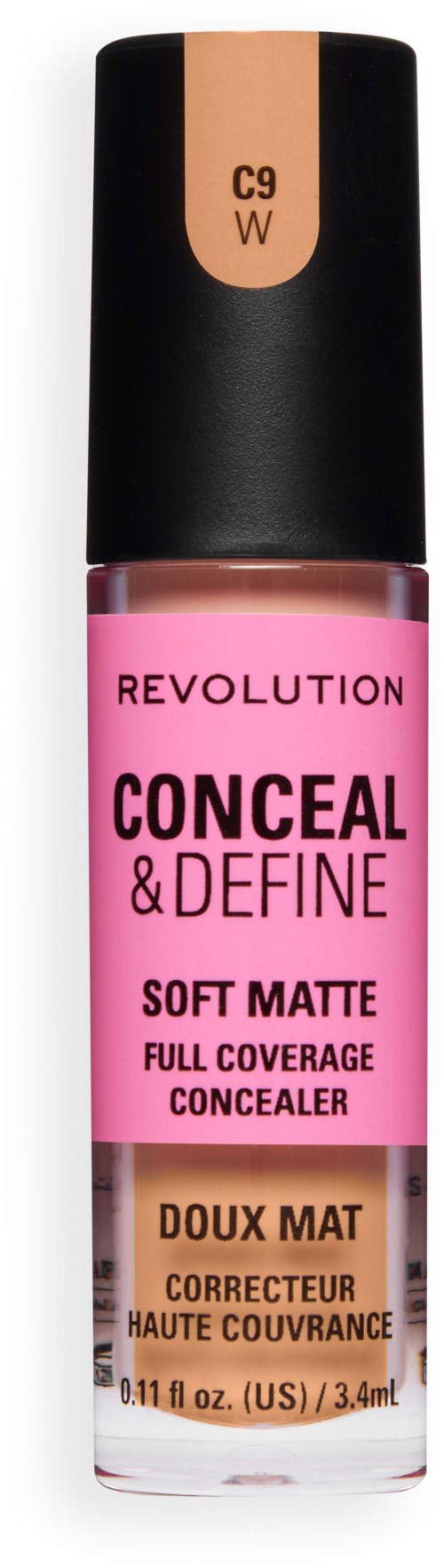 Revolutionin pinkki peiteainepullo, jossa musta ja beige etiketti, merkattu täyspakkaus ja pehmeämatta.
