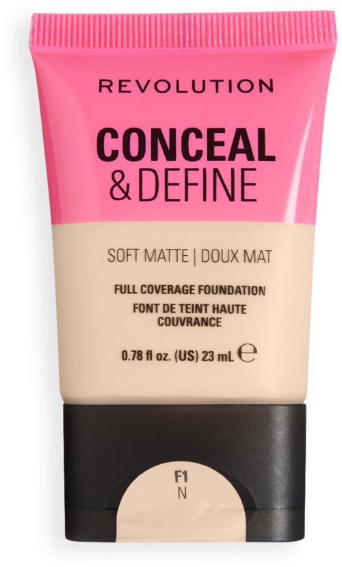Vaaleanpunainen ja beige putki Revolution Concel & Define -meikkivoiteella ja mustalla kannella.