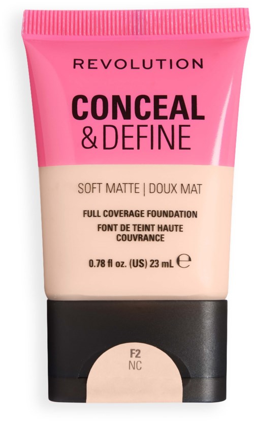 Puteli, jossa Revolution Conceal & Define-meikkivoide vaaleassa sävyssä F2 NC ja musta korkki.
