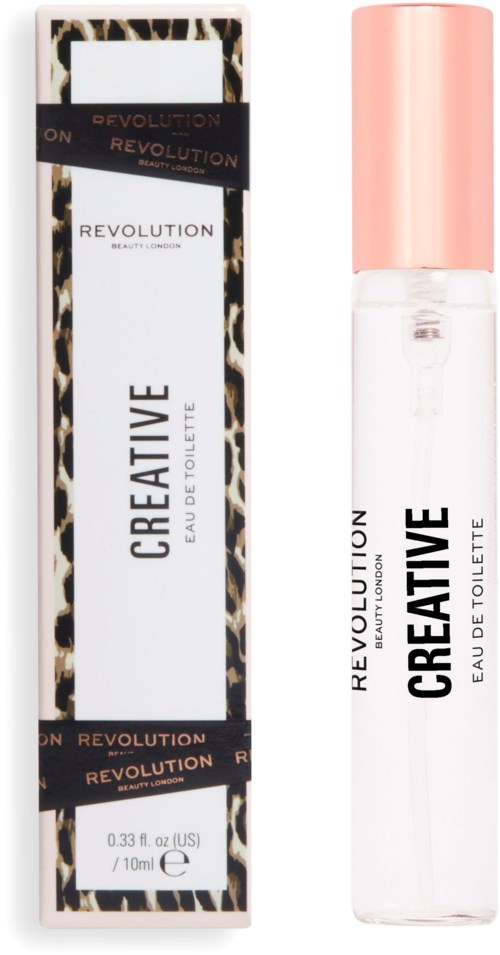 A small perfume bottle with a pink cap and white label, next to a leopard-print box. Both are from Revolution's Creative line.