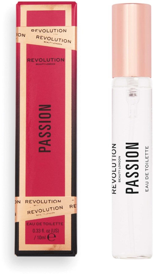 A perfume spray bottle next to its pink and black box with the word "Passion" on both.