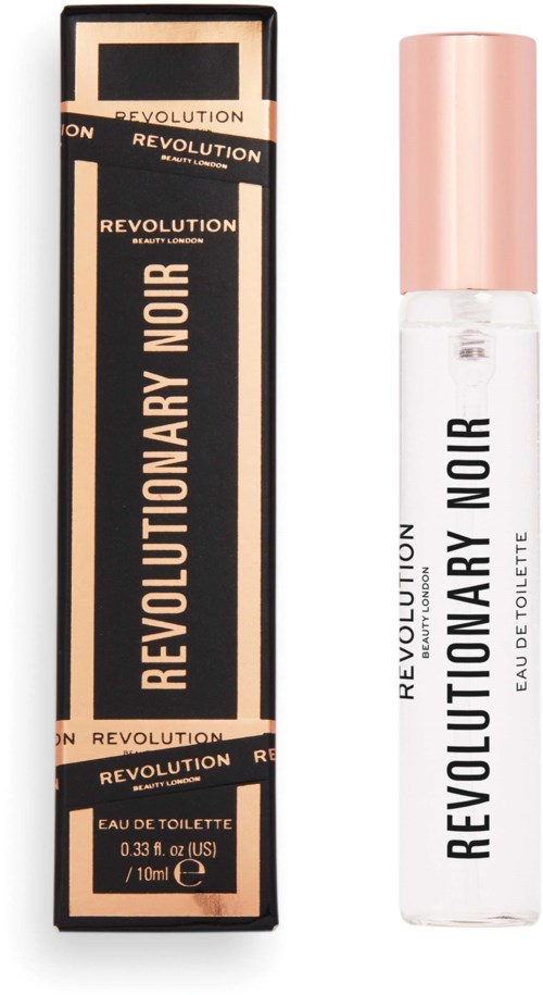 A perfume bottle and box labeled Revolutionary Noir, with black, white, and pink colors.