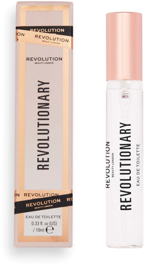 A small perfume bottle with a pale pink cap, next to its box labeled 'REVOLUTIONARY' and 'Eau de Toilette' for women.