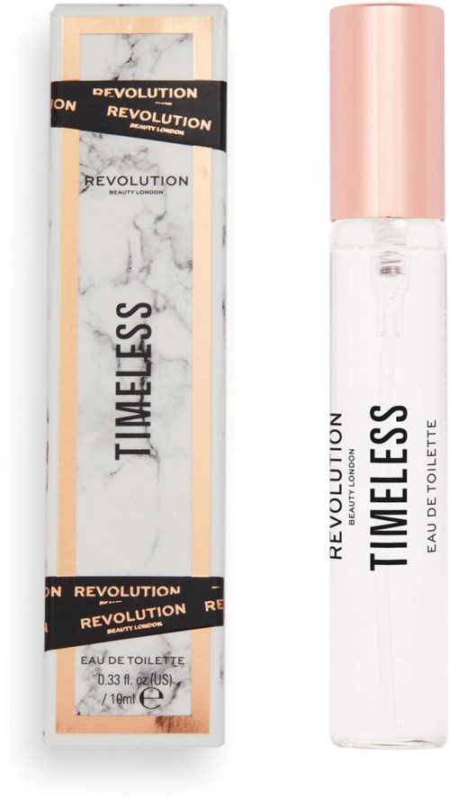 Ein Parfümflasche und eine Box mit "Timeless" von Revolution, mit rosa Deckel und klarer Flüssigkeit.