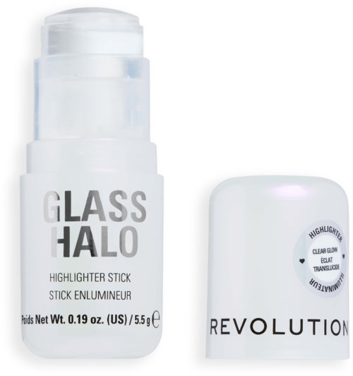 Een witte highlighter-stift van Glass Halo en een kleine witte container van Revolution, beide zijn make-upproducten.