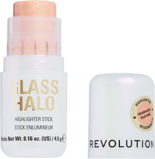 Ein Highlighter-Stift in einem weißen Behälter mit goldener und schwarzer Schrift und einem runden Verschluss mit Revolution-Label.