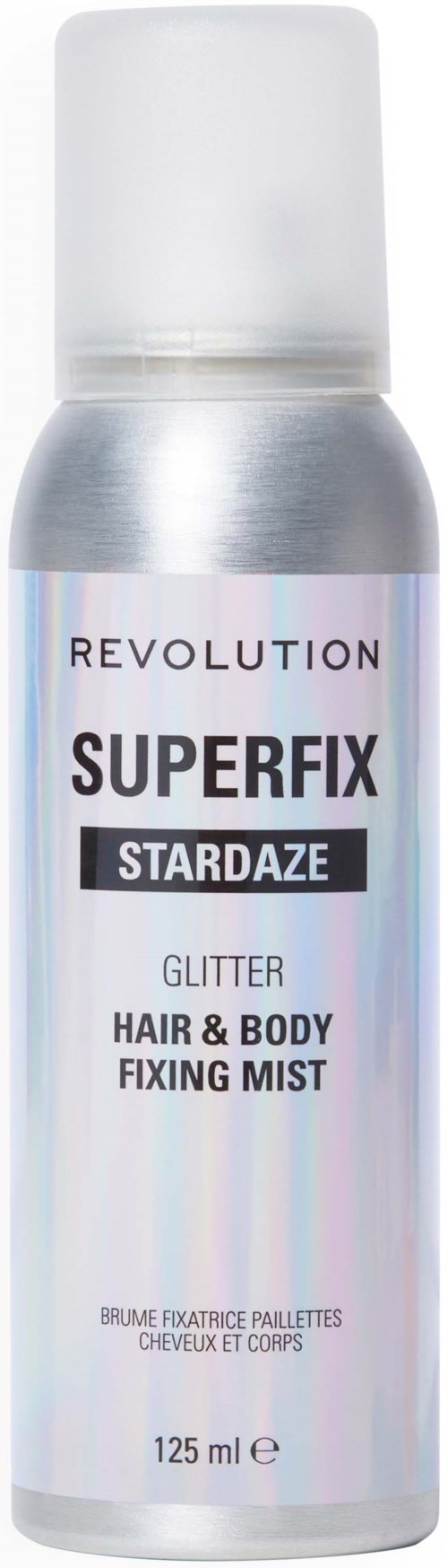 A silver spray can with a white cap, labeled as Revolution Superfix Stardaze glitter hair and body fixing mist, 125ml.