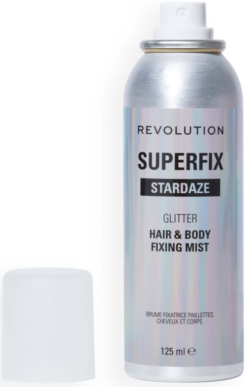 A silver can of Revolution Superfix Stardaze glitter hair and body fixing mist with a white cap.
