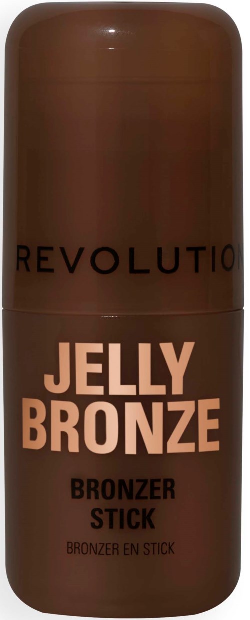 Een bruine stickverpakking met zwarte tekst, gemerkt als 'Jelly Bronze' en 'Bronzer Stick' voor make-upgebruik.