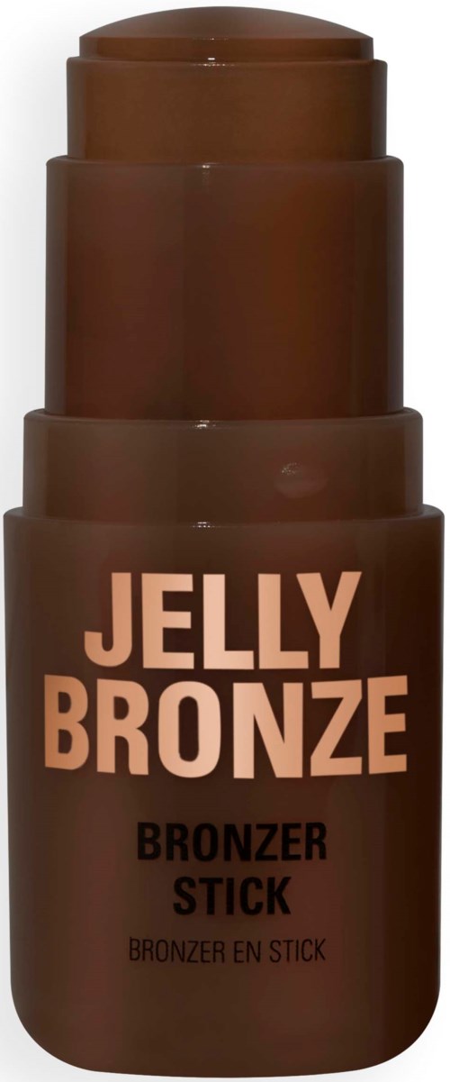 Een bruine stickapplicator met label 'Jelly Bronze' voor het bronzen van de huid, met strak ontwerp en duidelijke tekst.