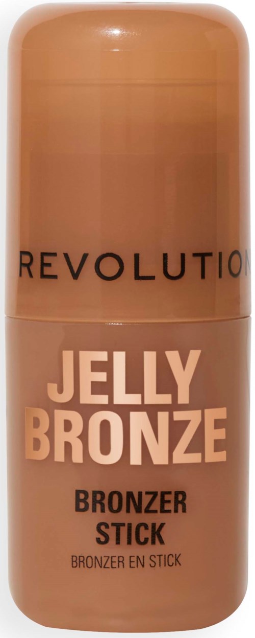 Een cilindervormige bronzerstiftfles met een beige dop en label, gemarkeerd 'Revolution Jelly Bronze Bronzers.'