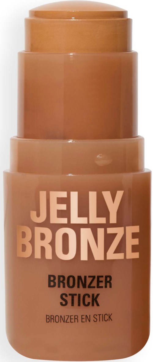 Een bruine bronzerstickfles met de tekst 'Jelly Bronze' en 'Bronzer Stick'.