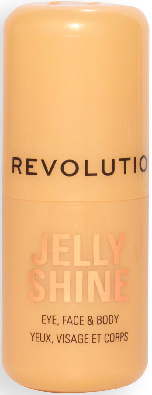 Een licht perzikkleurige fles met zwarte en roze tekst voor Revolution Jelly Shine. Het is voor oog, gezicht en lichaam.