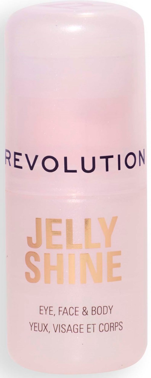 Roze fles met zwarte en gouden tekst voor Jelly Shine oog-, gezicht- en lichaamsproduct. Ronde bovenzijde. Nieuw label.