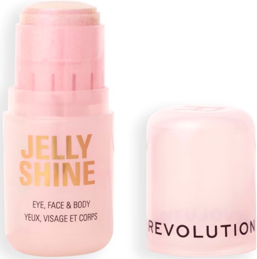 Een roze container met 'Jelly Shine' voor ogen, gezicht en lichaam, zonder dop, met stick zichtbaar.