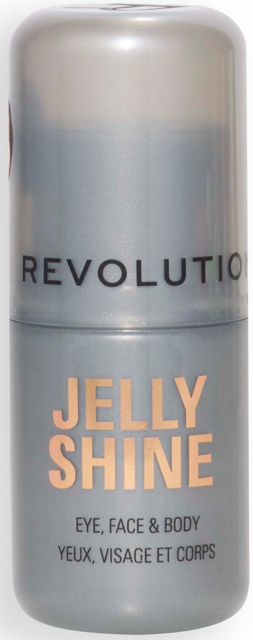 Een zilverkleurige lotionfles met 'Revolution Jelly Shine' voor ogen, gezicht en lichaam. Eenvoudig ontwerp met roze tekst.